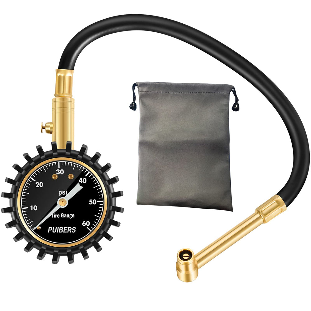 PUIBERS motorcycle tire pressure gauge with a 60 psi dial for accurate readings on the go