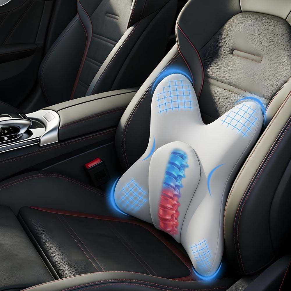 PUNMEYCOOL lumbar pillow front view showing firm memory foam support for driving