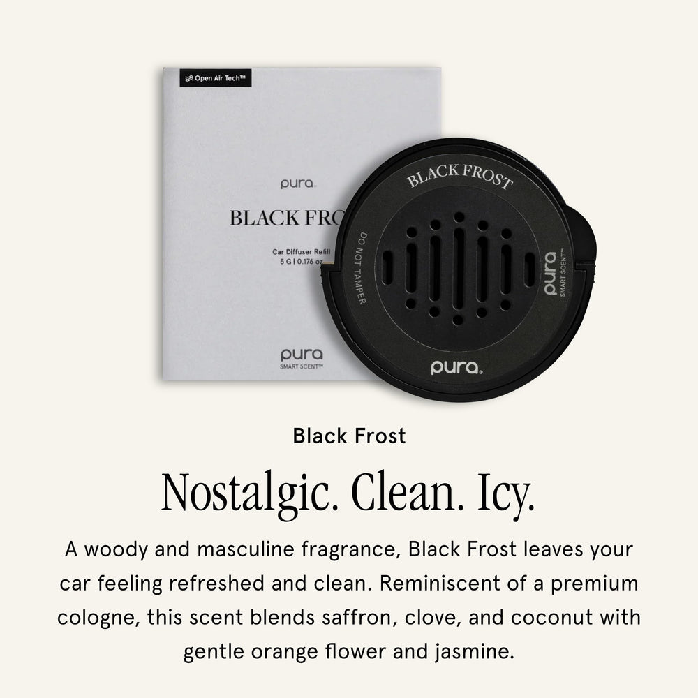 Pura Car Diffuser Refill Black Frost packaging highlighting safe, convenient use