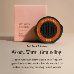 Pura car scent refill with geranium and amber resin for woody ambience.