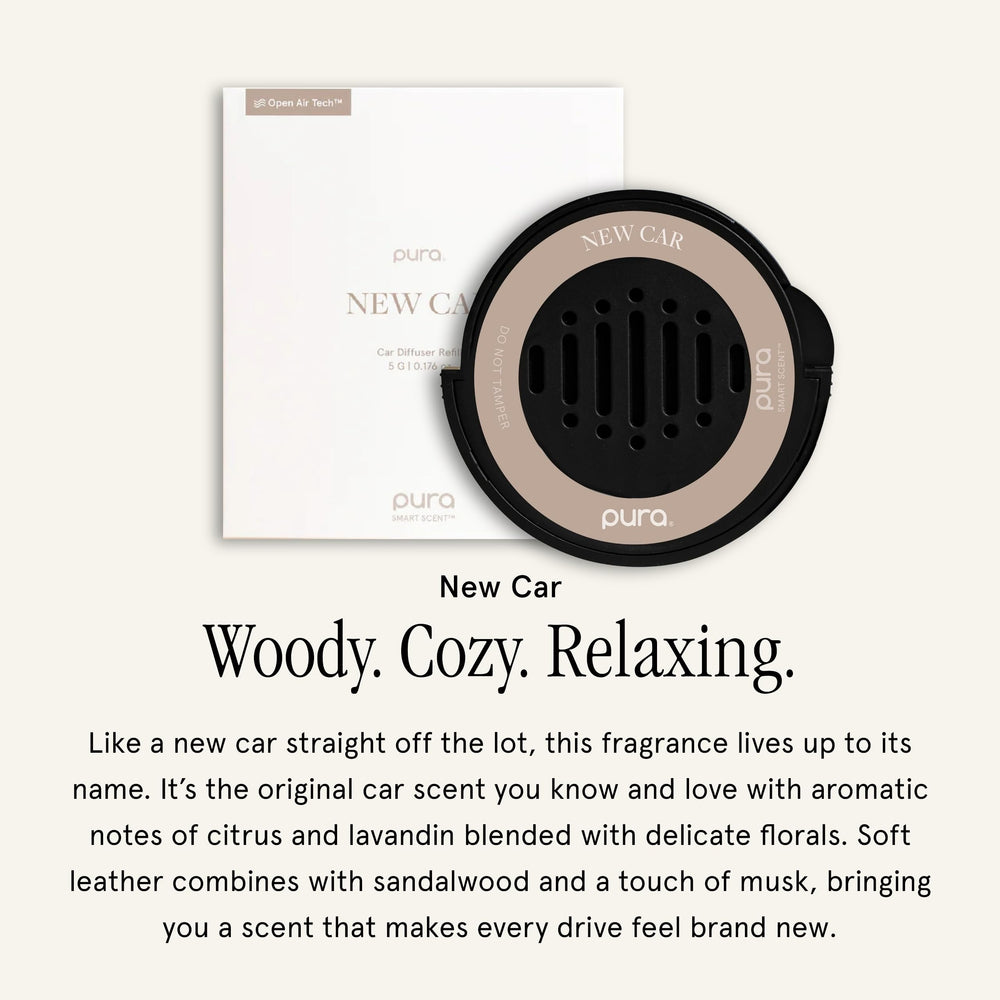 Pura car scent refill featuring leather-sandalwood notes for a refined driving scent.