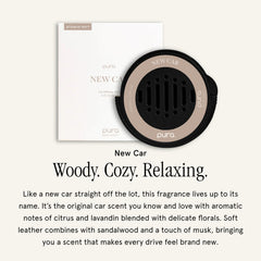 Pura car scent refill featuring leather-sandalwood notes for a refined driving scent.