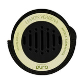 Pura car scent refill lemon verbena bottle close-up showing long-lasting fragrance.