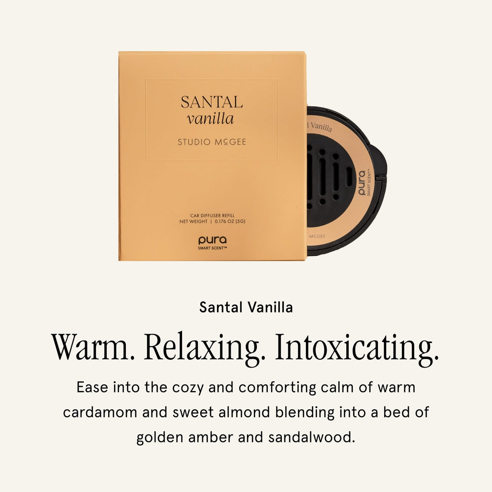 Close-up of Santal Vanilla refill bottle highlighting almond and vanilla notes.