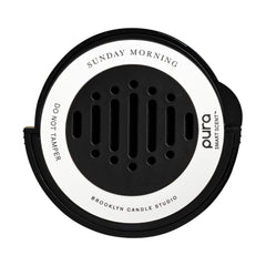 Pura Sunday Morning car refill label showing long-lasting pear and bergamot aroma