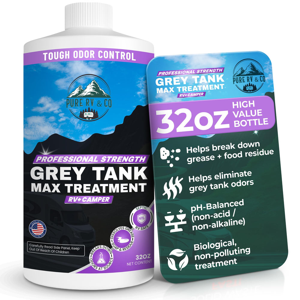 Pure RV Grey Water Tank Treatment bottle pour reduces odors in RV tanks.