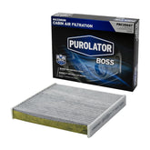 PurolatorBOSS activated-carbon cabin filter view demonstrates odor and pollutant filtration.