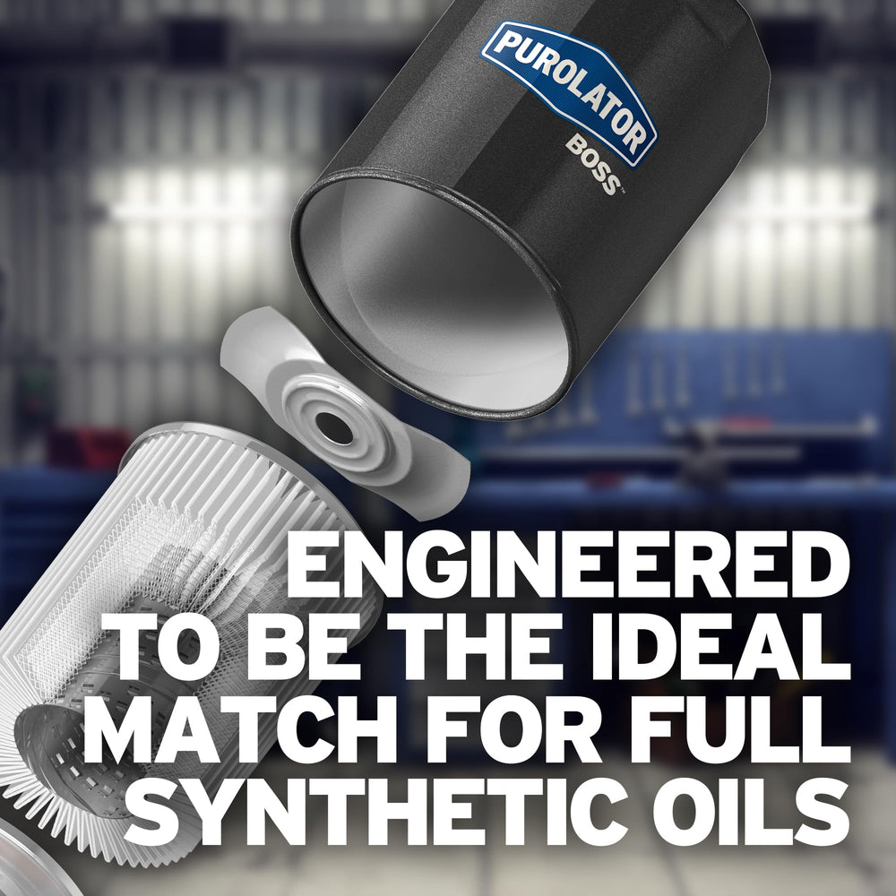 PurolatorBOSS full synthetic media image highlighting versatile compatibility with oil types.