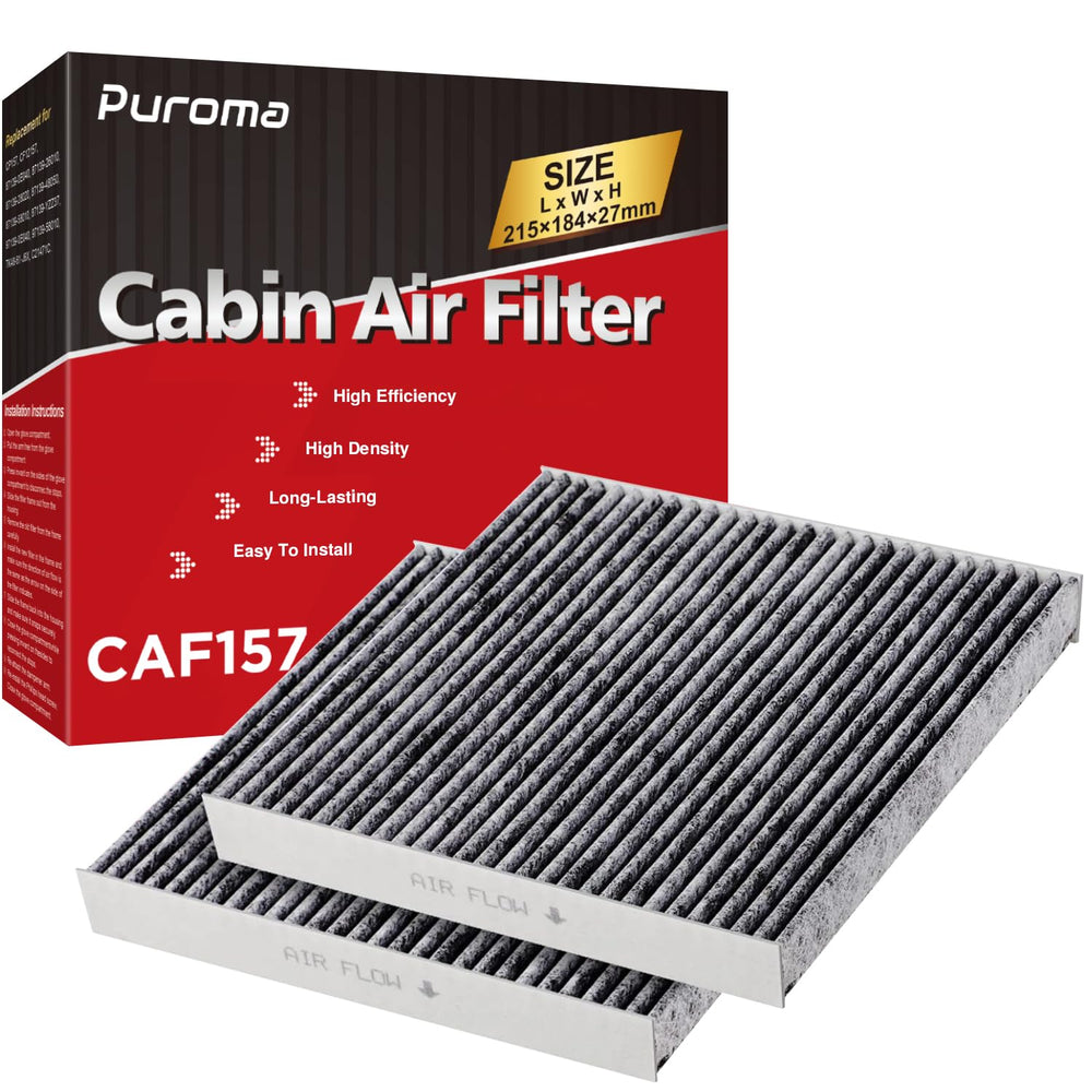 Puroma cabin air filter with activated carbon close-up showing dense filtration for fresher air