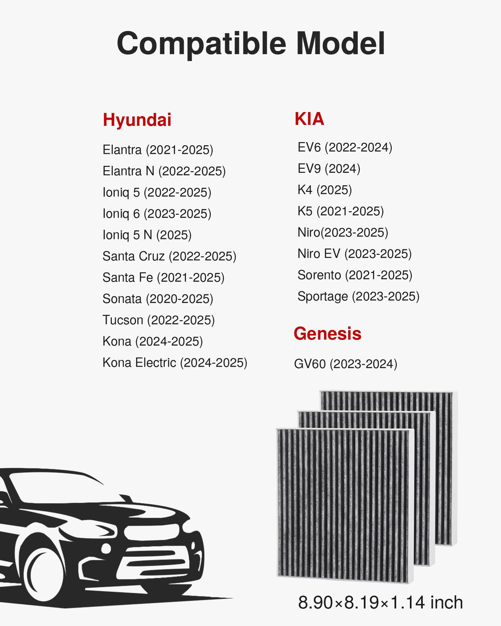 Puroma cabin air filter compatibility chart summarizes Hyundai, Kia, Genesis models.