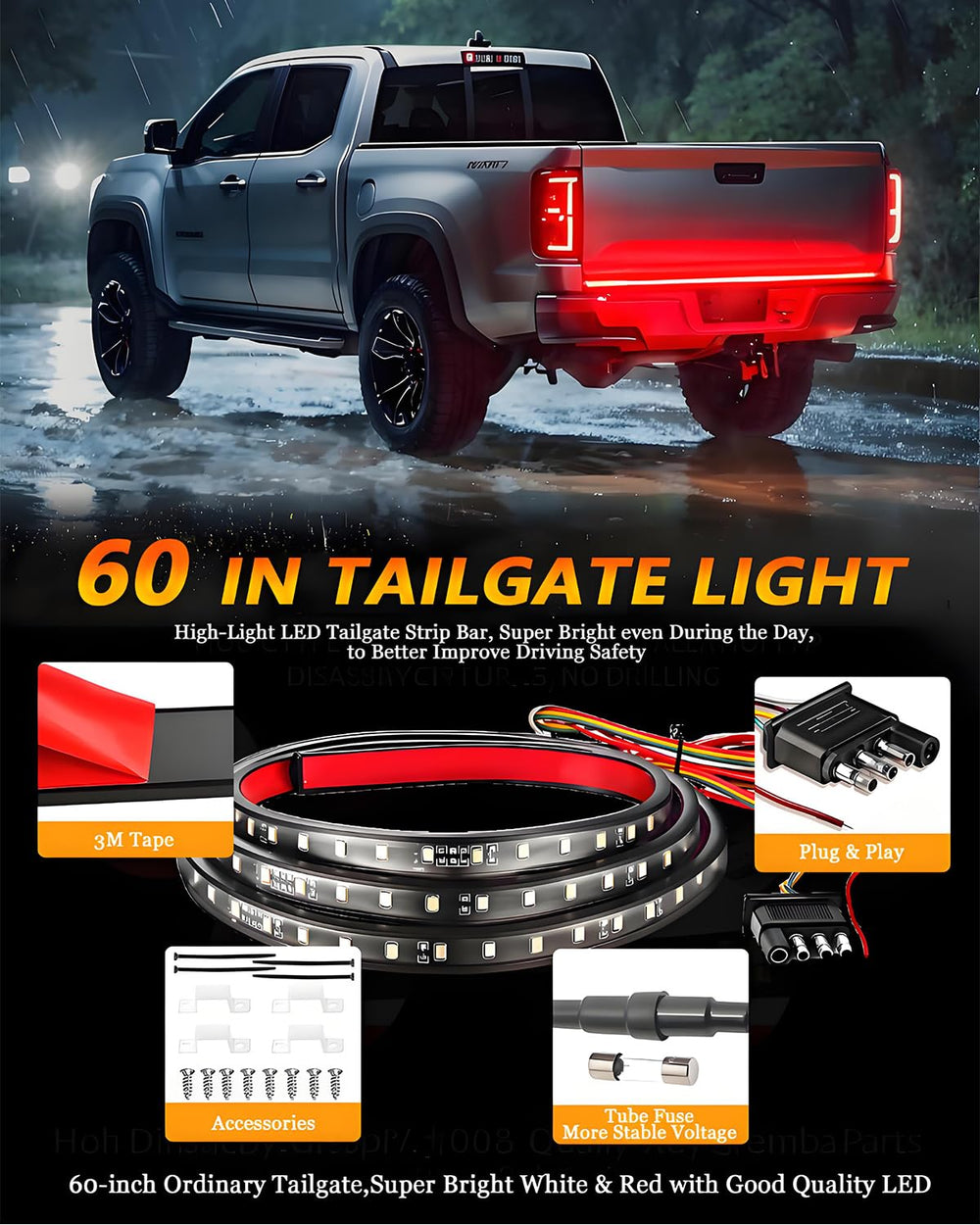 Qasim 60inch tailgate light strip side mount signals clearly.