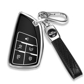 QBUC Chevy GMC key fob cover with chrome trim for durable protection and easy access.