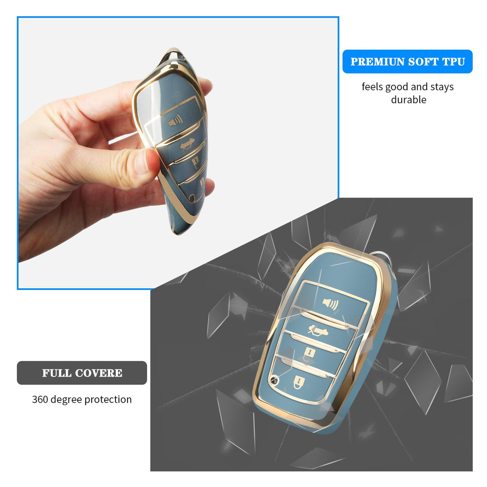 QBUC Toyota key fob cover blue, packaging view, ready for gifting and quick install.