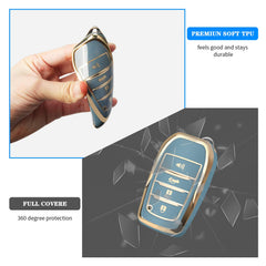 QBUC Toyota key fob cover blue, packaging view, ready for gifting and quick install.