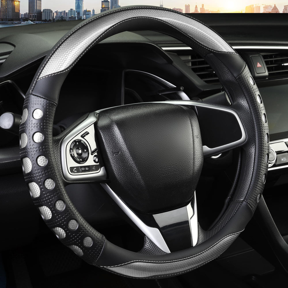 QCYP steering wheel cover in gray front view enhances protection and style