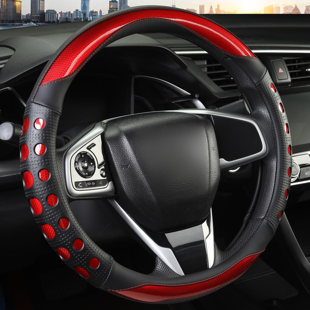 QCYP PU leather steering wheel cover for universal 14.5-15 inch fit, protecting and refreshing your steering