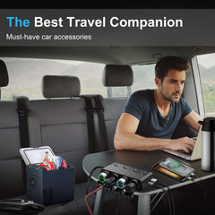 Qidoe 12V/24V car adapter cord reaches rear-seat passengers for convenient power.