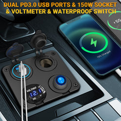 Qidoe 150W cigarette lighter socket powering GPS, dash cam, or fridge
