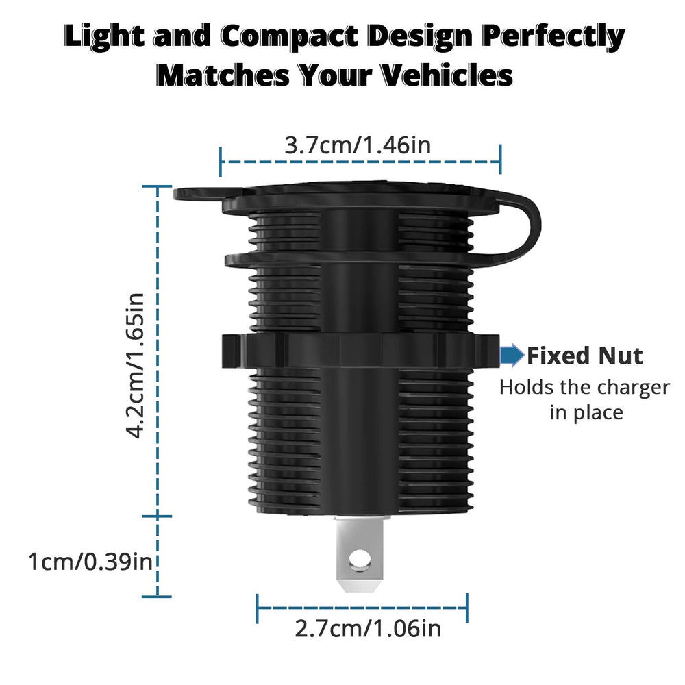 Qidoe universal 12V-24V socket fits cars, boats, motorcycles.