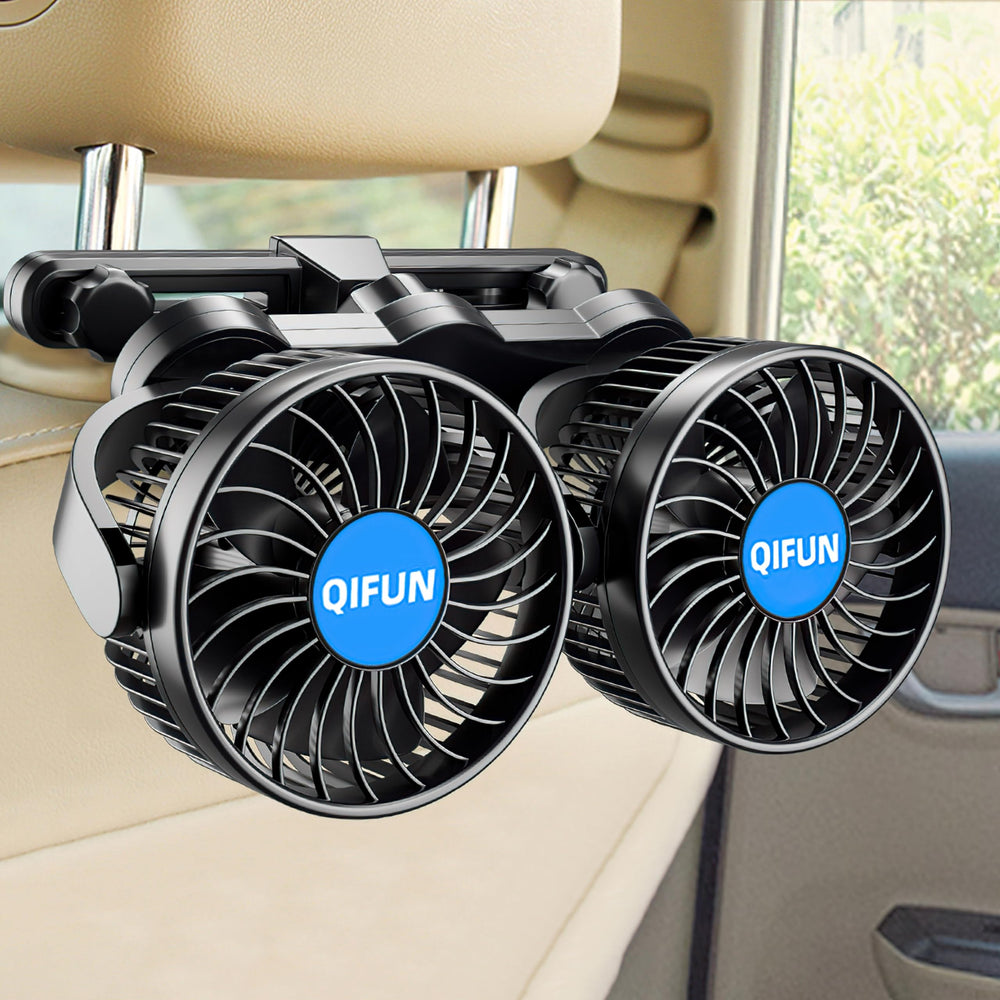 QIFUN 12V car fan backseat clip cools rear passengers on hot days.