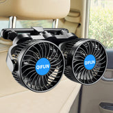 QIFUN 12V car fan backseat clip cools rear passengers on hot days.