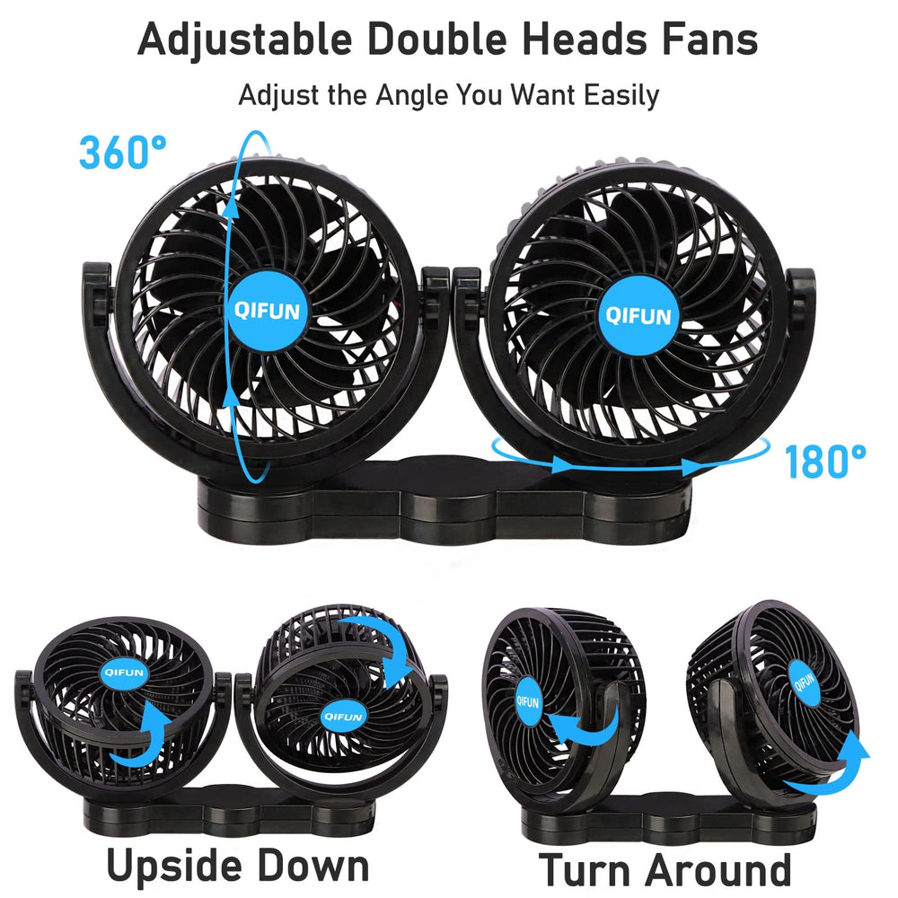 QIFUN 4-inch dual-head fan with adjustable rotation for flexible airflow.