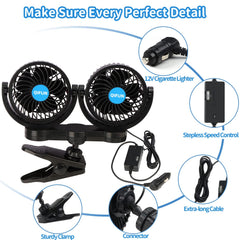QIFUN car fan with 360° rotation heads provides flexible airflow
