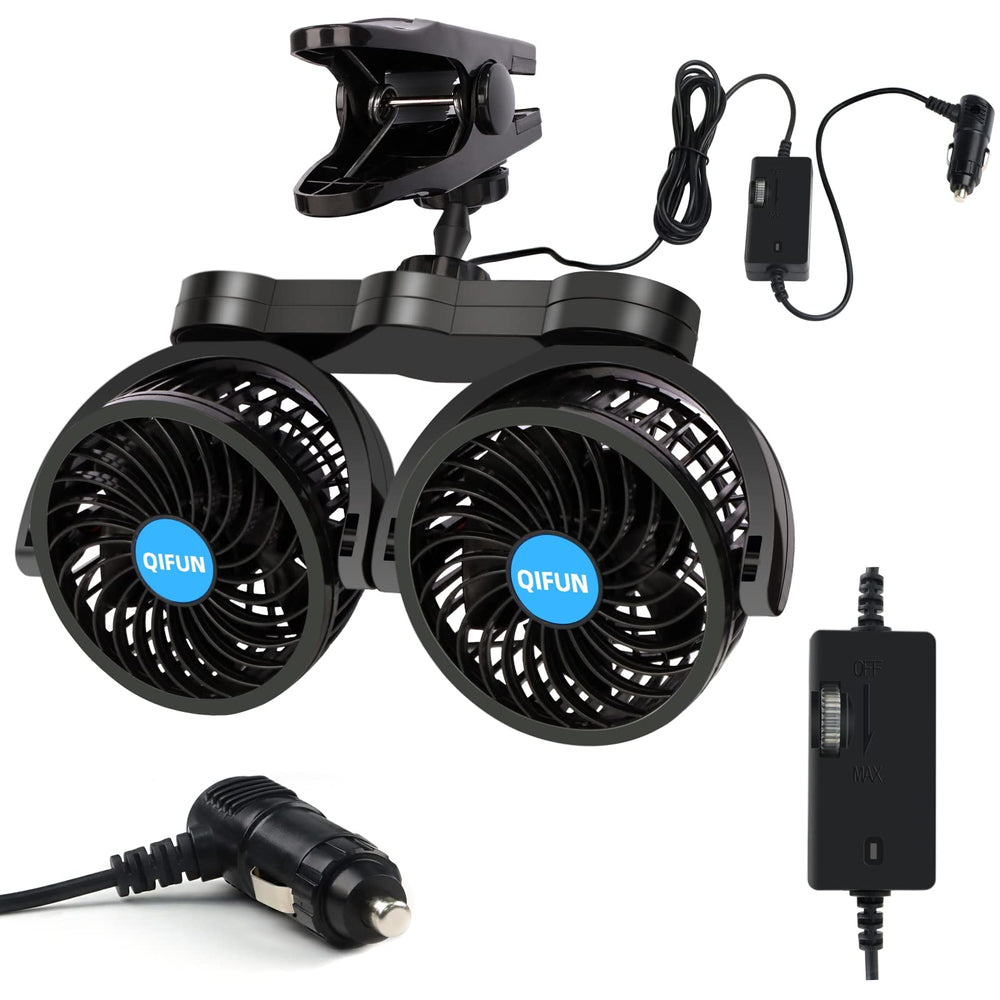 QIFUN dual-head car fan with front-clip for quick, directional cooling