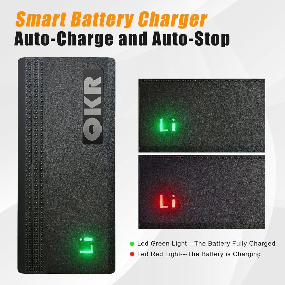 QKR 12V LiFePO4 charger back view with vented shell and safety features.