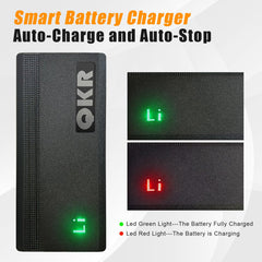 QKR 12V LiFePO4 charger back view with vented shell and safety features.