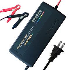 QKR 48V LiFePO4 charger with LED display showing charging status.