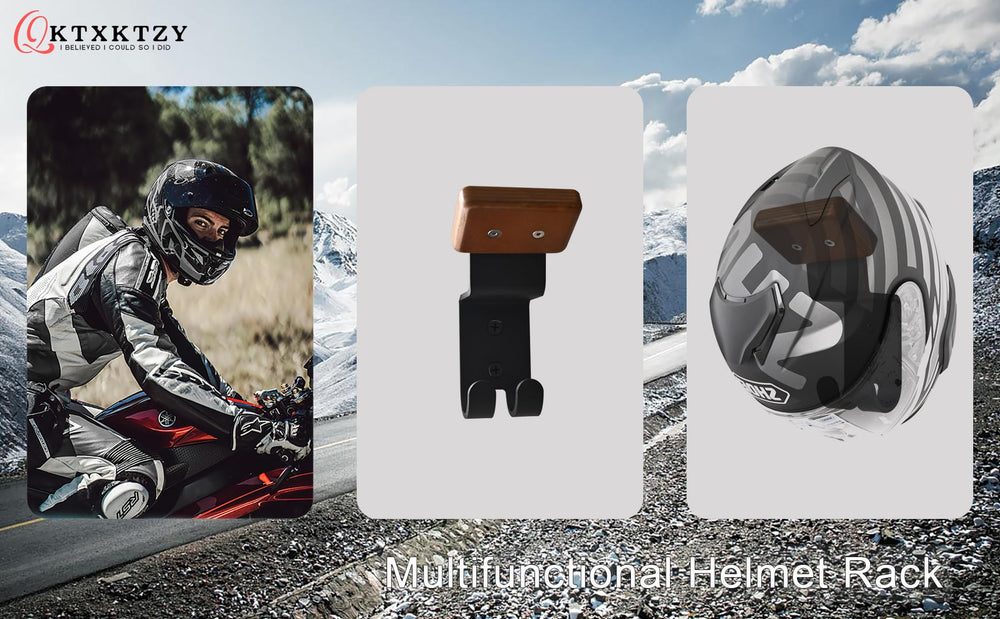Qktxktzy wood-and-metal display showcases helmet and gloves.