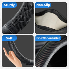 RAV4 fitment close-up shows durable microfiber leather and anti-slip protection.