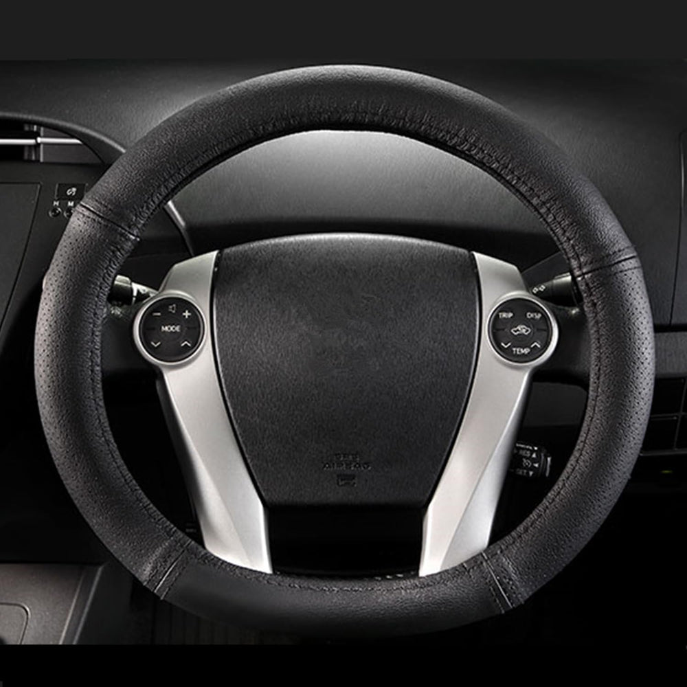 Qmety Prius C Aqua leather steering wheel cover provides a precise glove-fit for steady grip.