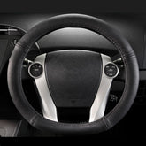 Qmety Prius C Aqua leather steering wheel cover provides a precise glove-fit for steady grip.