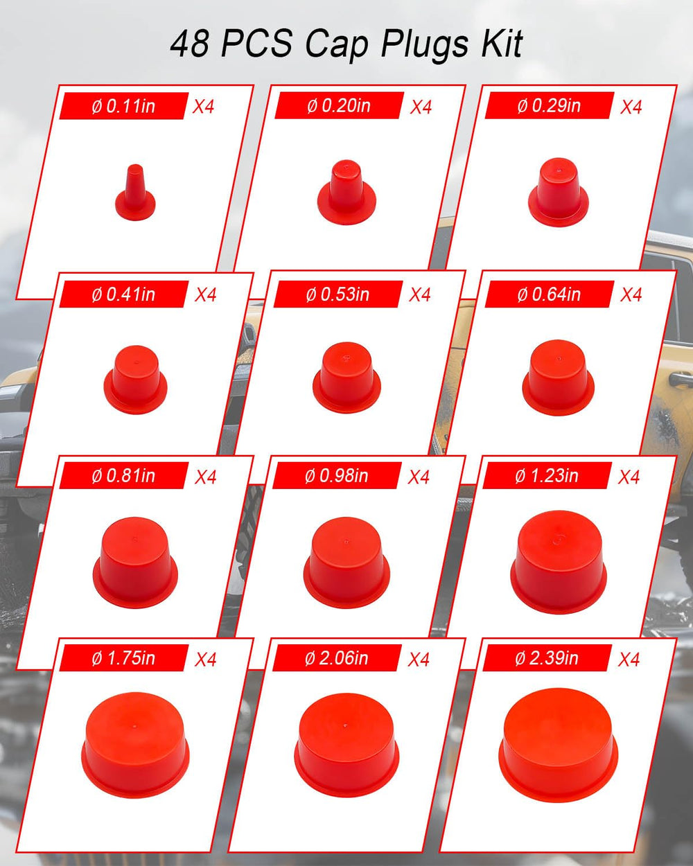 Qnbes cap plugs size range image shows 0.11 to 2.39 inches