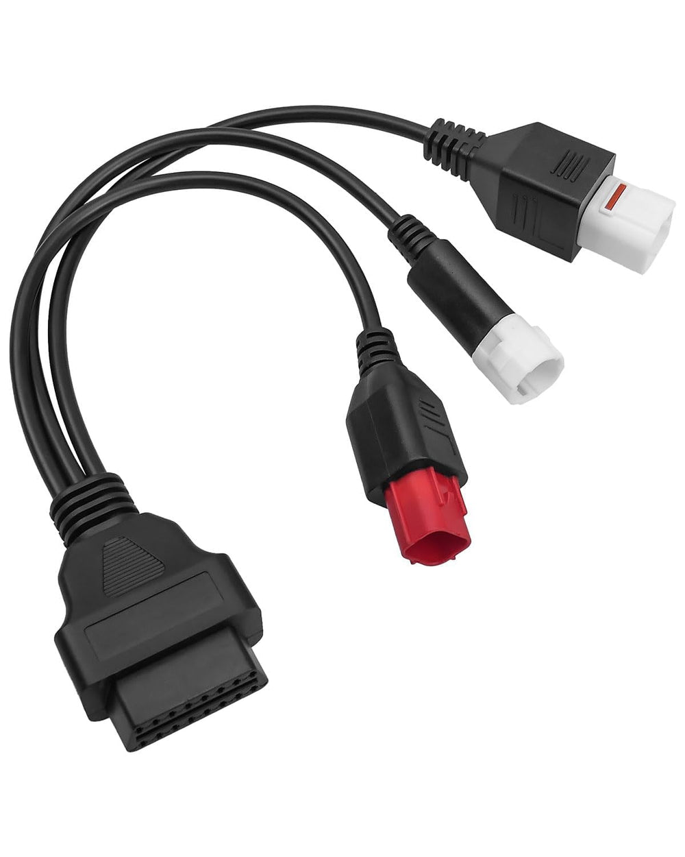 QNHEAY 3-in-1 OBD2 adapter showing Yamaha compatibility and versatile plug options.