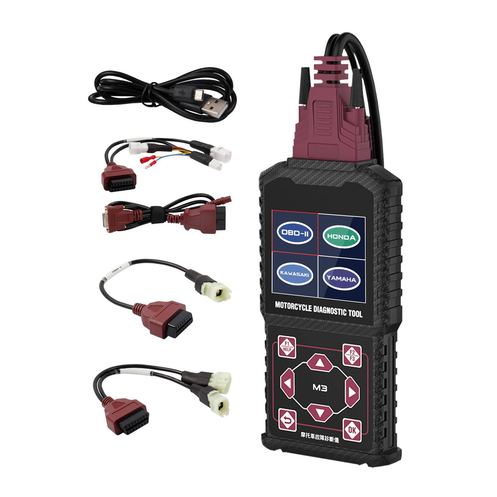 QPKING M3-A compatible ports for Honda, Kawasaki, Yamaha enable comprehensive motorcycle diagnostics.