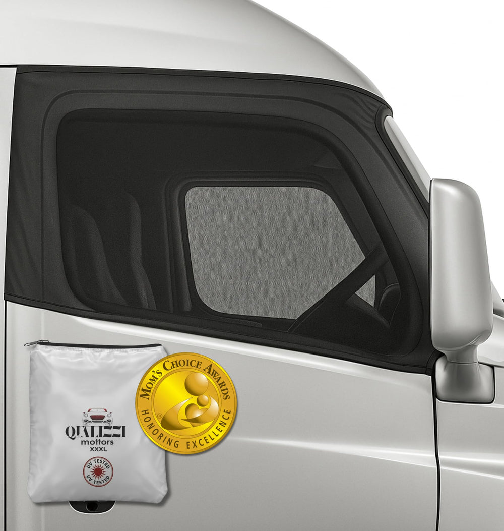 Qualizzi XXXXL truck sun shade front view shows full window coverage and UV protection.