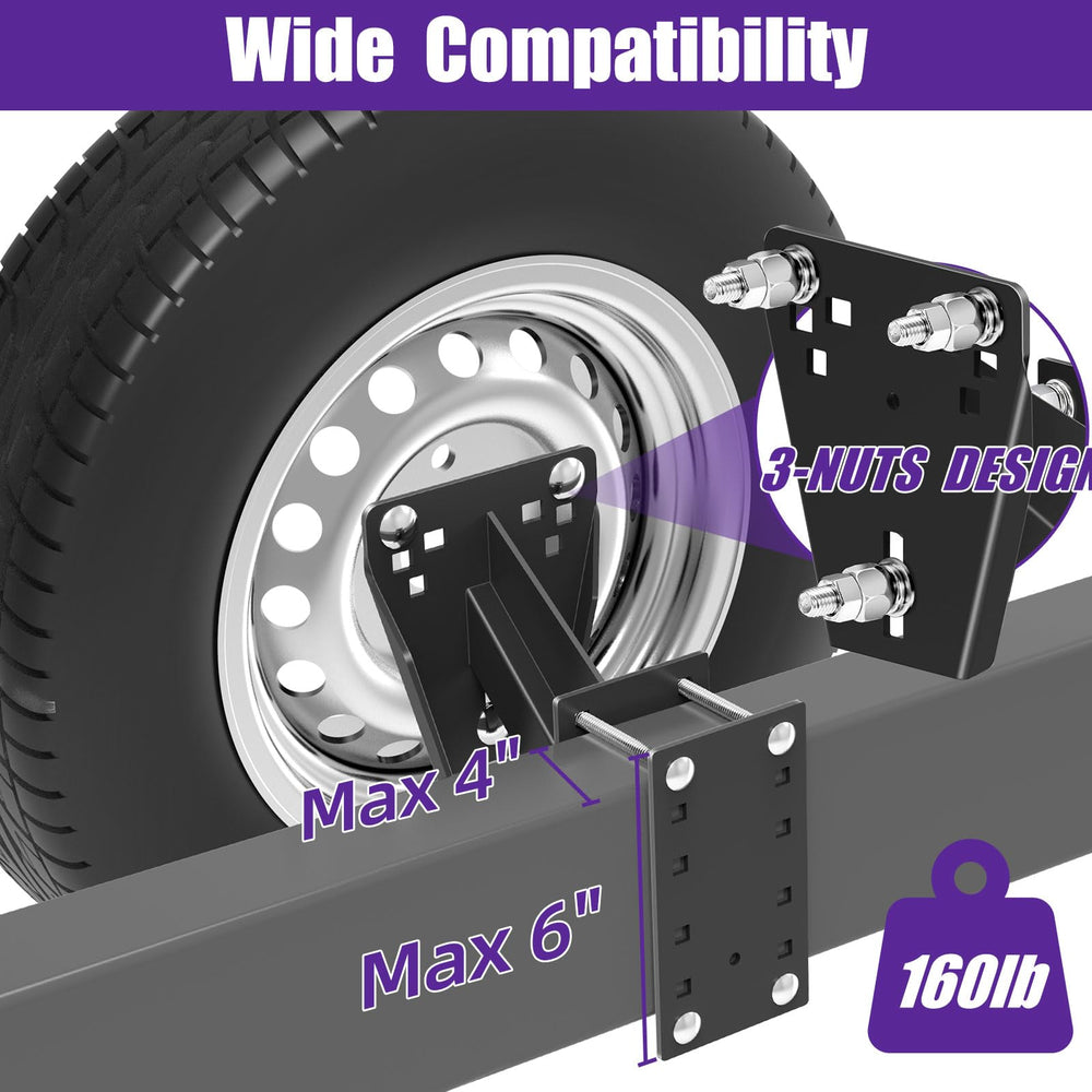 Qualward spare tire mount demonstrates upgraded tire fit for 5-, 6-, and 8-lug wheels.
