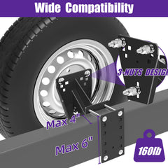 Qualward spare tire mount demonstrates upgraded tire fit for 5-, 6-, and 8-lug wheels.