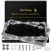 Quanqiufei bling license frame gilded black closeup showing sparkling rhinestones for luxury style.