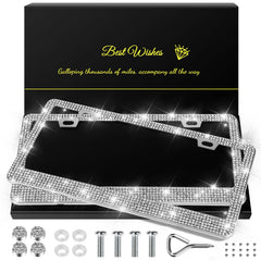 QUANQIUFEI bling license frame front view with crystal rhinestones for a bold look.