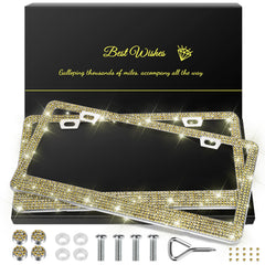 QUANQIUFEI bling license frame gold set shines on vehicles with durable stainless steel