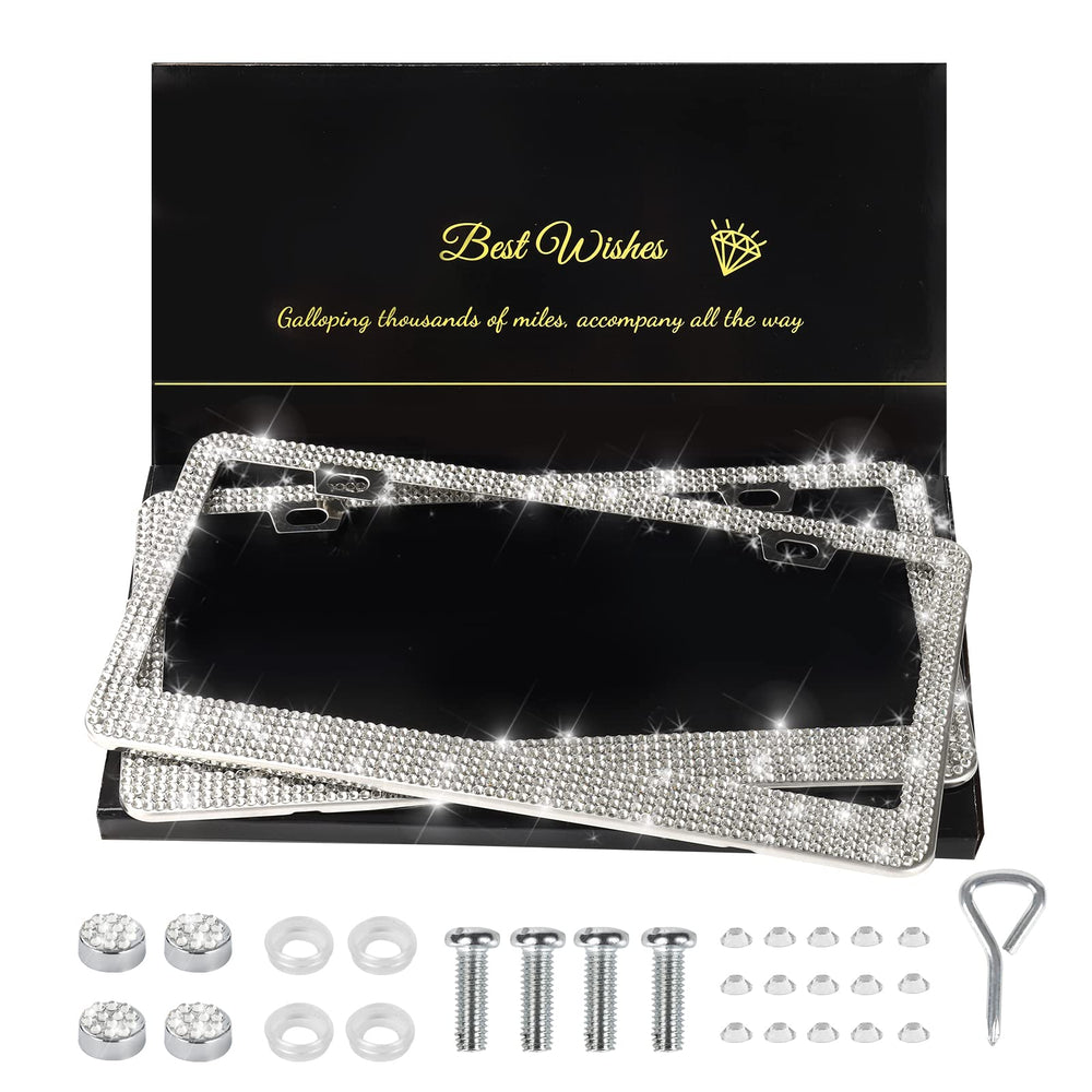 QUANQIUFEI bling license plate frame with white sparkle enhances car style.