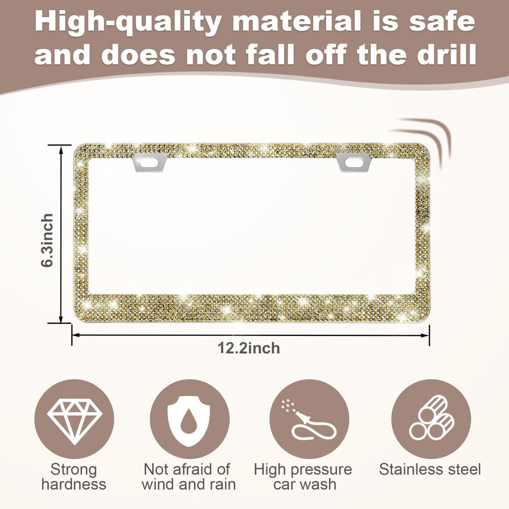 QUANQIUFEI license frame closeup shows thousands of rhinestones catching sunlight