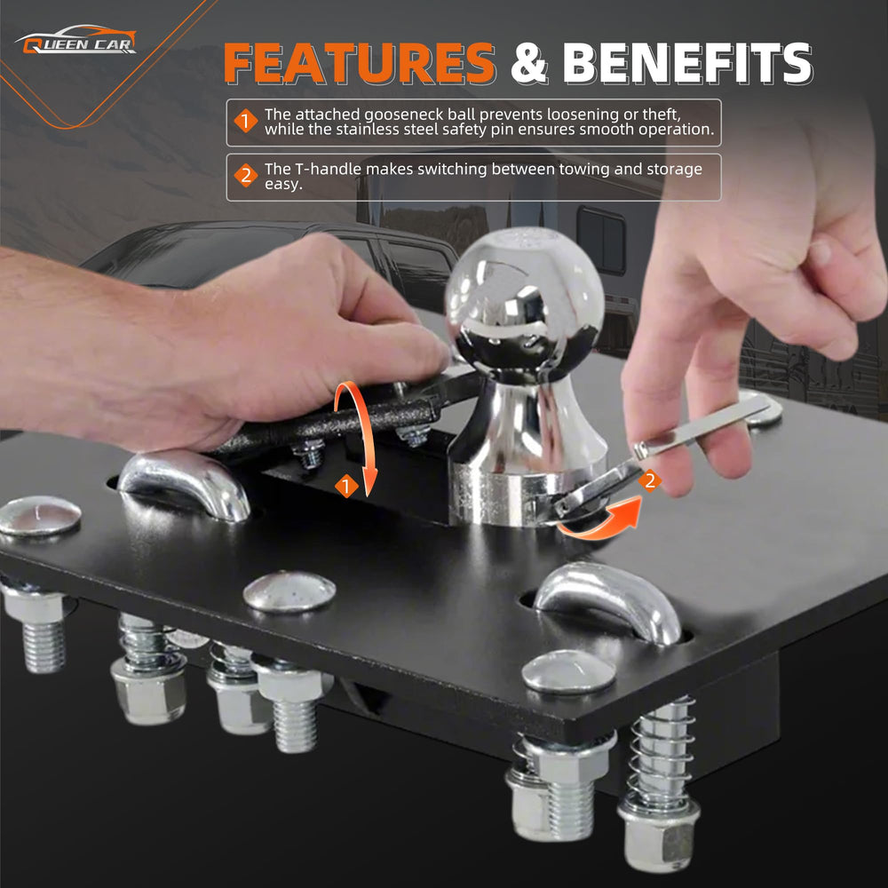 Queencar 61052 gooseneck hitch T-handle operation enables quick towing transitions