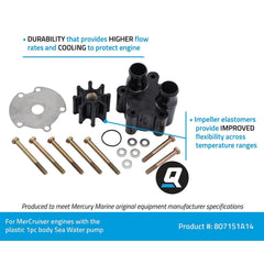 Sea water pump assembly with impeller ensures smooth cooling and engine protection.
