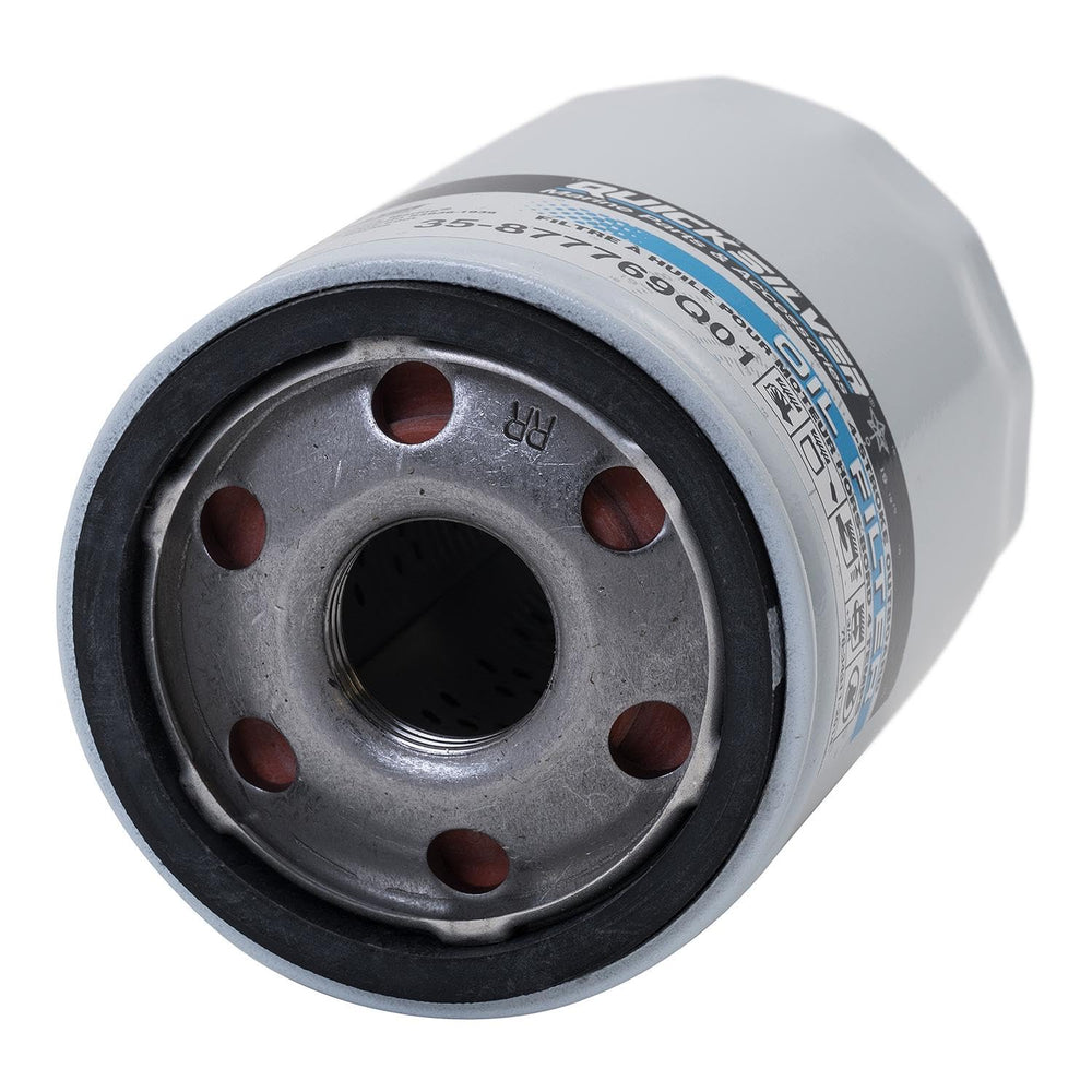 Quicksilver M-Pleated filter media traps contaminants for cleaner engine oil.