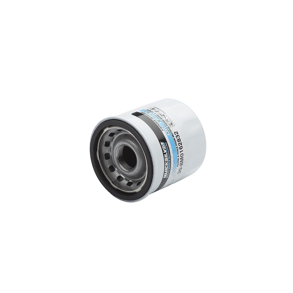 Quicksilver oil filter with anti-drain-back valve reduces dry starts for quicker lubrication.